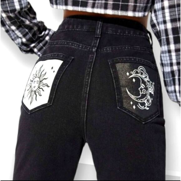 HIGH RISE WIDE LEG FLARE TWO TONE CONTRAST BLACK WHITE CELESTIAL GRUNGE JEANS 90 - Picture 5 of 11